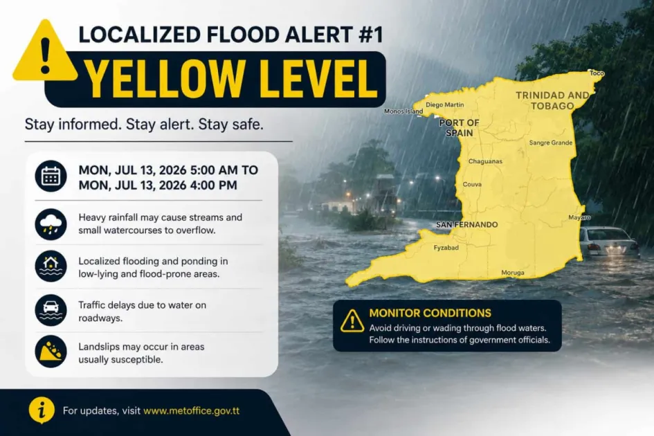 Yellow Flood Alert issued for Trinidad as heavy rain raises risk of localized flooding