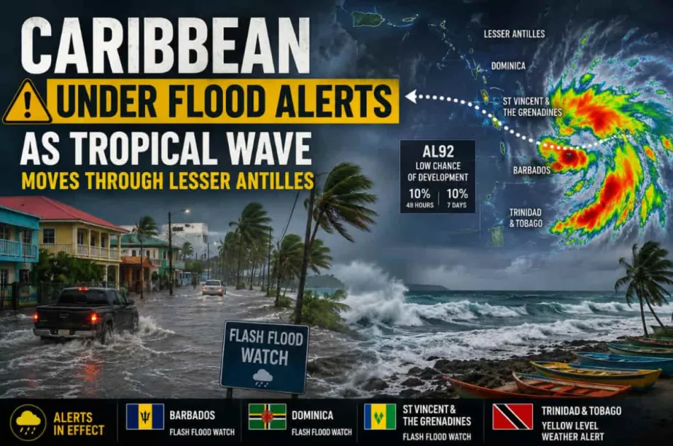 Caribbean Islands Under Flood Alerts as Tropical Wave Crosses Lesser Antilles